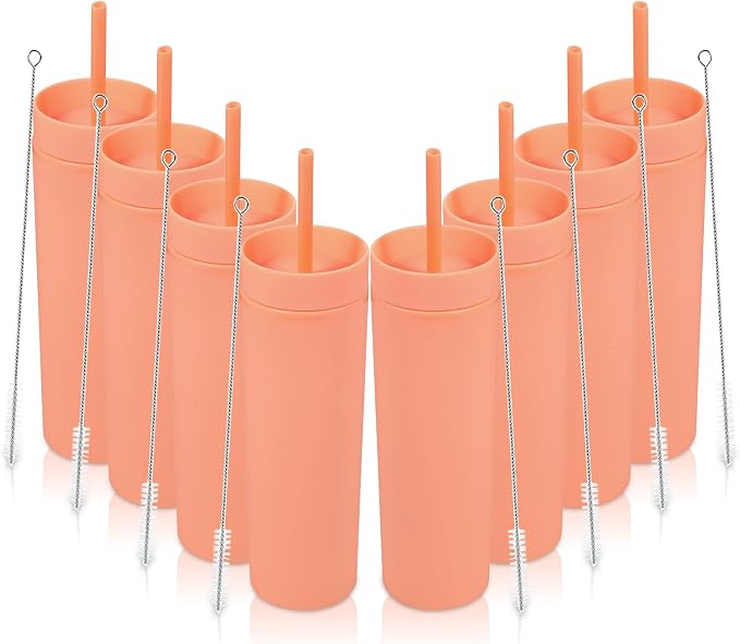 Volhoply 16oz Plastic Skinny Tumbler with Lid and Straw Bulk 8 Pack,Insulated Double Wall BPA Free Matte Acrylic Tumblers,Iced Coffee Travel Mug Reusable Party Cup,Customizable Diy Gifts(Orange,8 Set)
