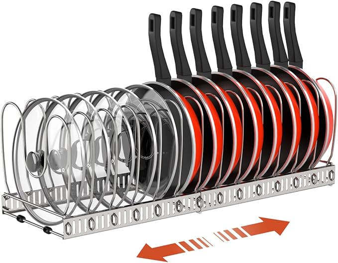 Housolution Pot and Pan Organizer Rack for Cabinet, Stainless Steel Expandable Pot Lid Organizer with 14 Adjustable Dividers, Pot and Pan Holder Rack Storage Organizer for Kitchen, Silver