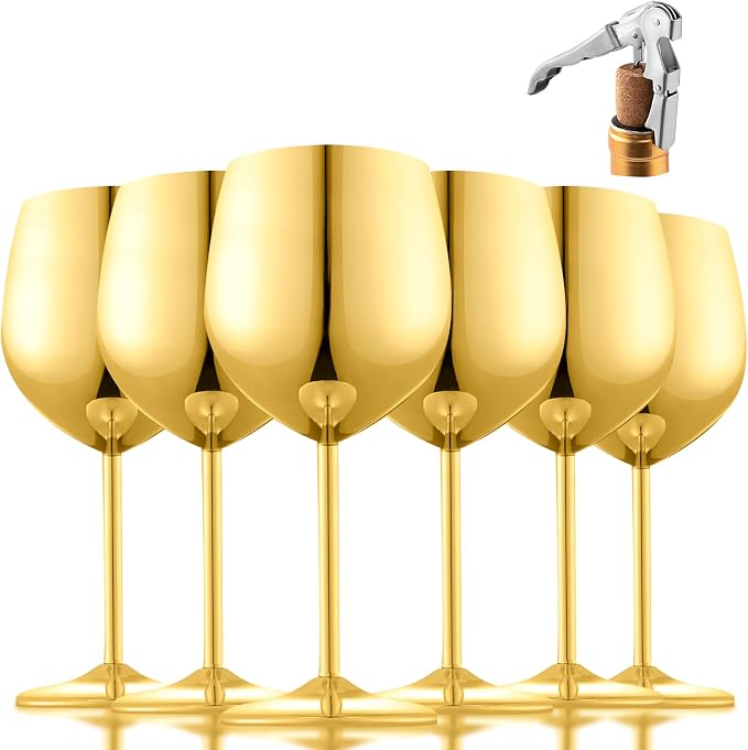UNISWEET Stainless Steel Wine Glasses Set of 6 with 1 Corkscrew Gold | 17 oz Unbreakable Metal Wine Goblets, Reusable & Sturdy, Ideal for Outdoor, Travel, Camping, Pool, Gift for Wine Lovers