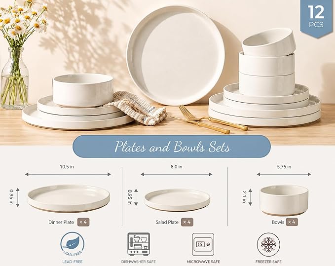 AmorArc Ceramic Dinnerware Set for 4 | Speckled Stoneware Plates and Bowls with unglazed terracotta | Scratch Resistant, Dishwasher & Microwave Safe Modern Dishes Sets- 12Pcs