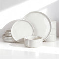 Famiware Porcelain Dinnerware Set, 12-Piece Modern Plate and Bowl Set, Dish Set for 4, Microwave and Dishwasher Safe Tableware, White