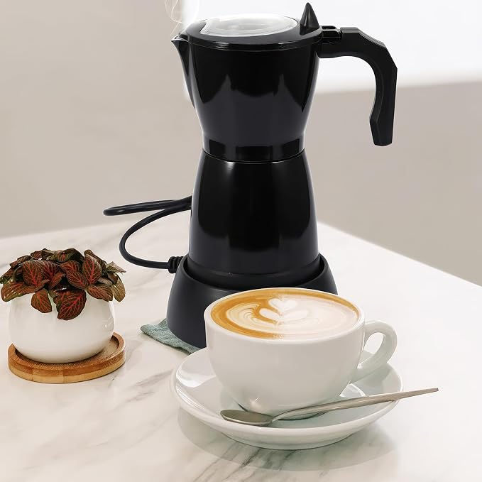 Coffee Pot Electric Espresso Coffe Maker, 300ml 6 Cups Aluminum Moka Pot with Overheat Protection and Detachable Base, Portable Italian Moka Maker, 450W, Black