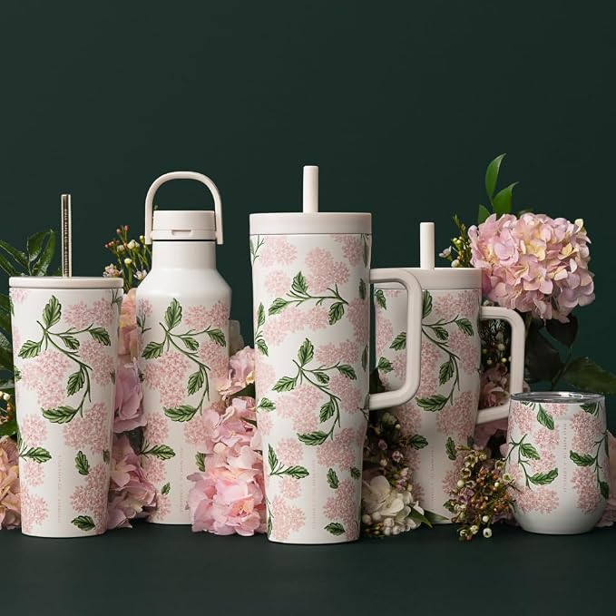 Corkcicle Cruiser Insulated Tumbler - Stainless Steel Tumbler with Handle & Straw, Leak Proof for Cold Drinks, Triple Insulated Spill Proof Cupholder Friendly, BPA-Free 40oz Rifle Paper Pink Hydrangea