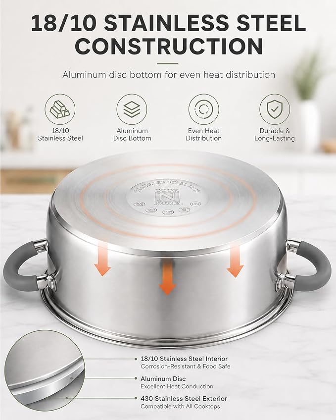 Cook N Home Basics Stainless Steel Cookware Sets, 12-Piece Pots and Pans | Stay-Cool Handle, Induction Compatible, Dishwasher and Oven Safe