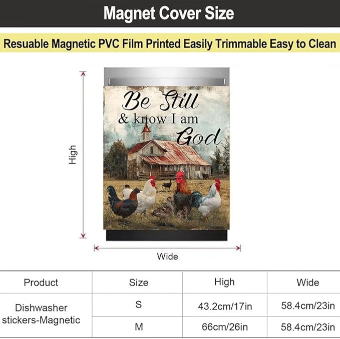 Farmhouse Chicken Front Door Dishwasher Magnet Cover,Decorative Be Still and Know That I am God Text Panel Sticker,23x26 Inch Magnetic Dishwasher Cover for Refrigerators and Appliances