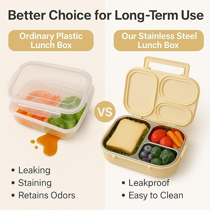 304 Stainless Steel Lunch Box for Work & Travel, 3-Compartment Leakproof Food Container, Healthy Eating & Portion Control, Safe for Home Use, Portion Control for Healthy Eating (Off-white 4 grids)