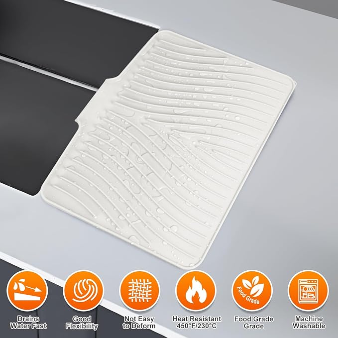 Silicone Dish Drying Mat for Kitchen Counter, Dish Drying Pad, Non-Slip Drain Pad with Built-in Drain, Heat Resistant Stone Drying Mat