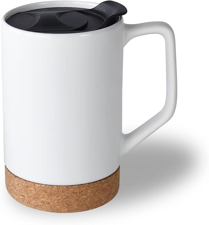 17 oz Ceramic Coffee Mug,12-Pack Matte White | With Lid, Removable Cork Base, Large Mugs