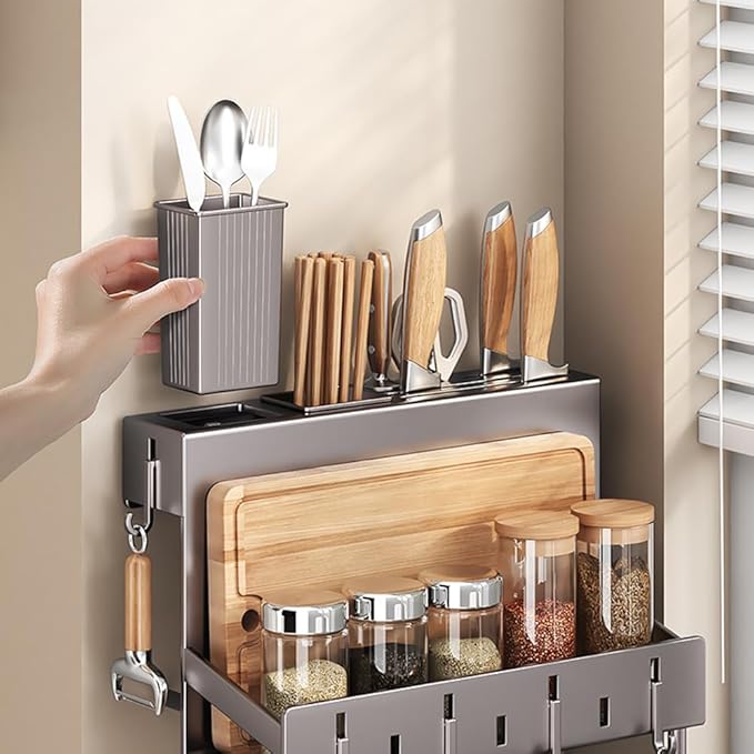 Multifunctional Wall-Mounted Knife Holder Kitchen Utensils Holder Spice Storage Organizer Rack for Knives, Spoons, Chopsticks, Towels, Pot Lids, Spice Jars (Black)