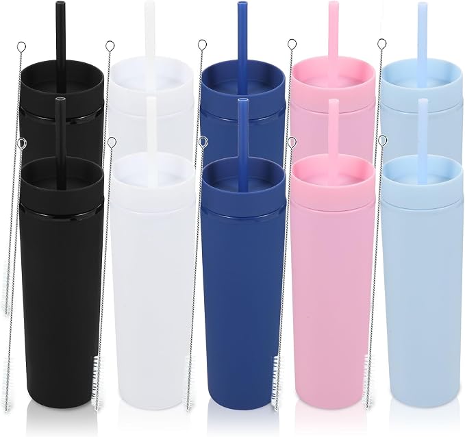 Volhoply 16oz Plastic Skinny Tumbler With Lid and Straw Bulk 10 Pack,Insulated Double Wall BPA Free Matte Acrylic Tumblers,Iced Coffee Travel Reusable Party Cup,Customizable Diy Gifts(Blend,10 Set)