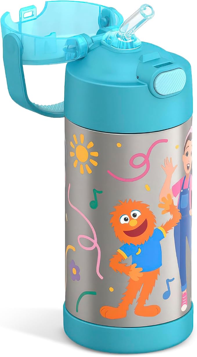 THERMOS FUNTAINER Water Bottle with Straw - 12 Ounce - Kids Stainless Steel Vacuum Insulated Water Bottle with Lid, Ms. Rachel