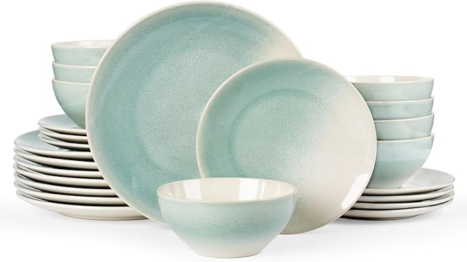 Famiware Glacier Stoneware Dinnerware Sets, 24-Piece Plates and Bowls Set for 8, Reactive Glaze Dishes, Everyday & Formal Use, Dishwasher/Microwave Safe, Chip/Scratch Resistant, Two-Color Glazed, Aqua
