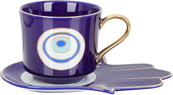 Luxshiny Evil Eye Coffee Cups Set: Turkish Blue Eye Espresso Cup Water Milk Mug Amulet Protection Tea Cup with Hamsa Hand Saucer Plate for Drinks Latte Lucky Decor Blue