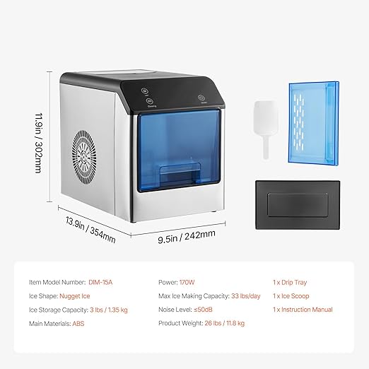 VEVOR Countertop Ice Maker, Self Cleaning Pebble Ice Machine with Ice Scoop & Drip Tray, 33lbs/24H Nugget Ice Maker with Convenient Ice Transfer for Home Kitchen Office
