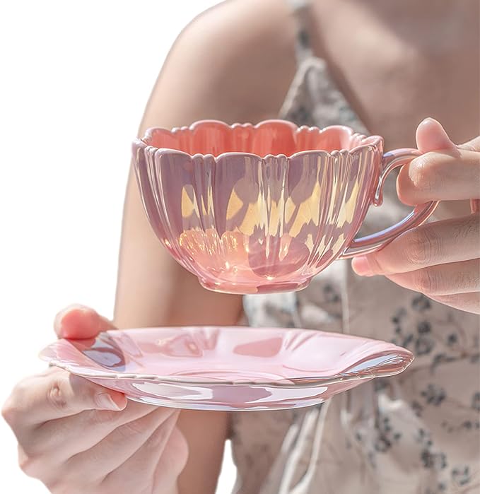 amokk Porcelain Coffee Mugs Flower Shaped Tea Cup and Saucer Set for Housewarming Gift Home Decor (Pink)