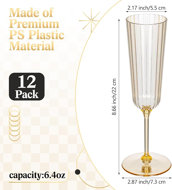 Jingmore 12 Pcs Plastic Ribbed Champagne Flutes With Stem, 6.4 oz Clear Vintage Disposable Vintage Glasses for Wedding Birthday Anniversary (Gold)