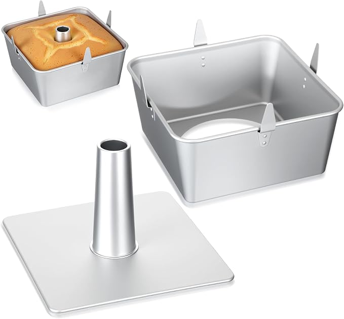 Vesici 10 Inch Square Tube Cake Pan with Cooling Feet Angel Food Cake Pan with Removable Bottom Non-stick Aluminum Alloy Pans for Baking Pound, Chiffon Cakes(Silver)