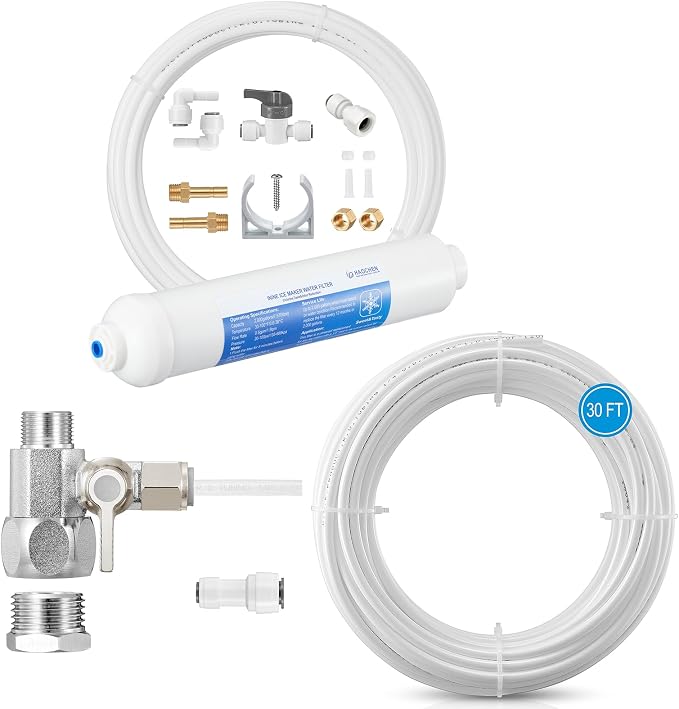 Inline Water Filter for Ice Maker and Refrigerator,Include 1/4" Water Line and Push to Connect Fittings + 30FT 1/4 Inch O.D.RO Water Tubing,NSF Certified Pipe for RO(Reverse Osmosis) Water Purifier Fi