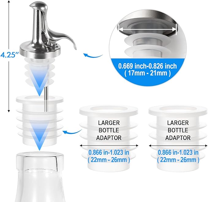 4PCS 3-in-1 Liquor Bottle Pourers with Speed Spouts,Automatic Sealing Spout with Built-in Caps - Dishwasher Safe, Alcohol Speed Spouts - 4PCs with 4 Adapters (Silver And White)