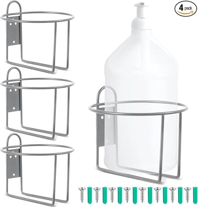 Hicarer 4 Pcs One Gallon Jug Storage Rack Wall Mounted Heavy Duty Steel Wall Rack for 1 Gallon Bottle Round Water Jug Holder with Hardware Hand Sanitizer 6-3/4" W x 5" H x 6-1/2" D (Gray)