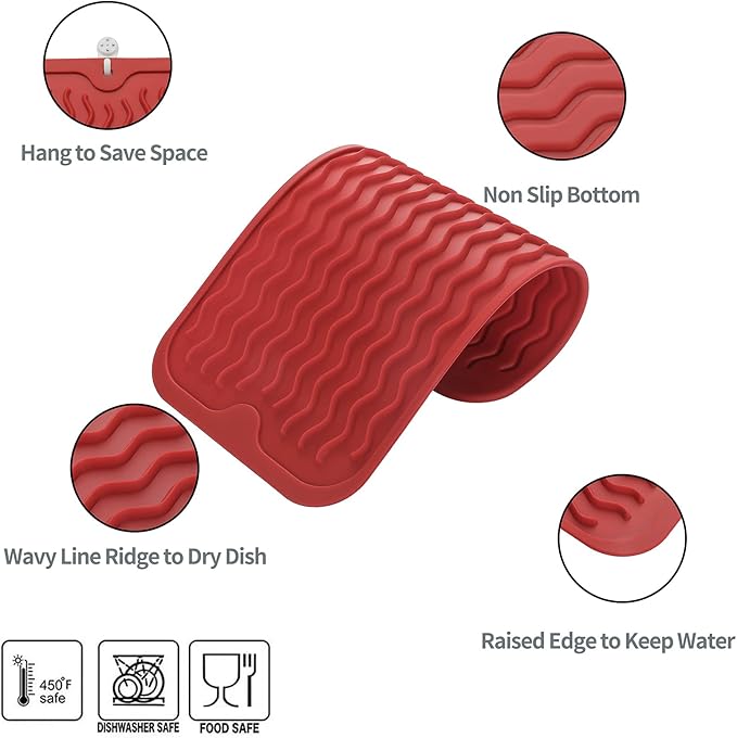 MicoYang Silicone Dish Drying Mat for Multiple Usage,Easy clean,Eco-friendly,Heat-resistant Silicone Mat for Kitchen Counter or Sink,Refrigerator or Drawer Liner Red S 12 inches x 6 inches