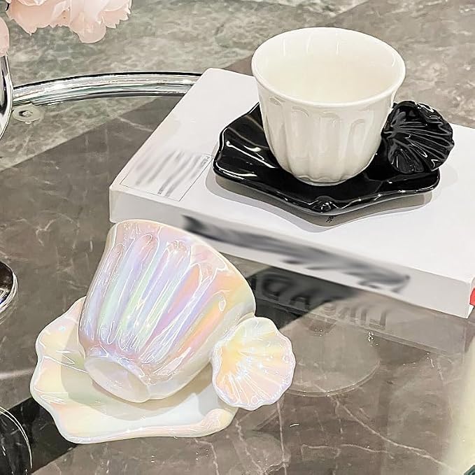 Pearl Shell Ceramic Coffee Mug with Shell Coaster Set for Tea Latte Milk Cute Cup with Saucer for Home Office Women Gift 6.5 oz (Milk coffee S, 270 ml)
