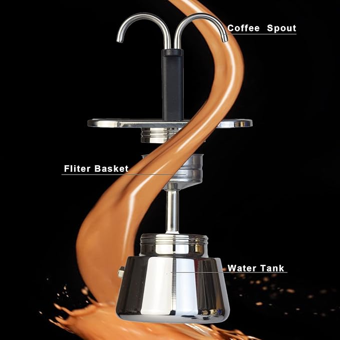Stainless Steel Moka Pot, Moka Set includes Coffee Maker 2-Cup, 100ml Dual Pipe Stainless Steel Durable Food Grade Nonslip Thickened Strainer Widely Used Mocha Pot