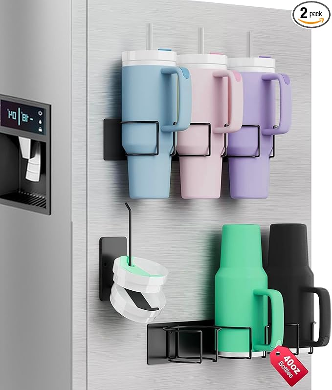 Magnetic Stanley Cup Holder for Fridge, Magnetic Tumbler Holder for Fridge, 2 PCS Stanley Cup Magnetic Holder with Tumbler Lid Organizer for 40 oz Stanley Cup for Kitchen, Cabinet