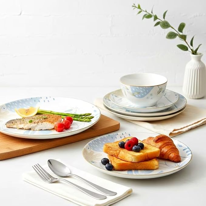 HUHUI Ceramic Dinnerware Set, Service for 4, 12-Piece, Blue Floral | Sunflower Floral, Scratch Resistant, Microwave Safe, Dishwasher Safe