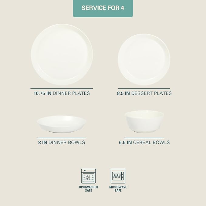 Gibson Home Summer Shades 16 Piece Plates and Bowls Dishes Service for 4 Porcelain Dinnerware Set - White