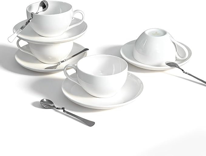 Bone China Tea Cups and Saucers Set (6 oz, Set of 4) – White Luxury Fine Porcelain Mugs for Tea, Coffee, Latte Art, Barista Use, Elegant Gifting