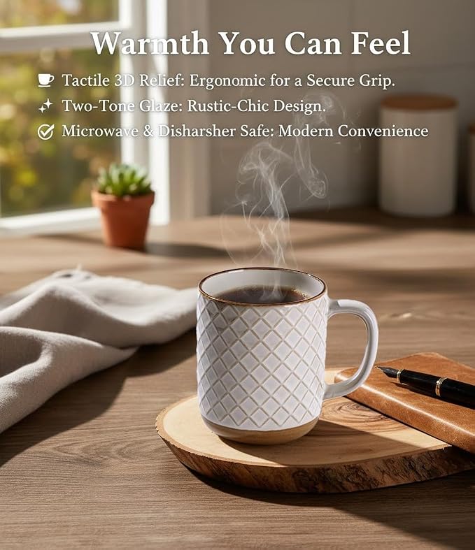 GBhome Large Coffee Mugs Set of 4, 16oz Handmade Stoneware Coffee Mugs Set with Large Handle for Cappuccino/Latte/Tea/Hot Cocoa, Dishwasher & Microwave Safe, Off White