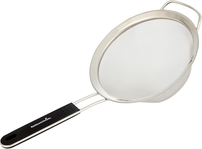 Restaurantware Fine Mesh Strainer 1 Count 14.4" x 7" x 2.9" with Silicone Handle Stainless Steel Extra Fine Mesh Strainer Heat-Resistant Handle Dishwasher-Safe for Rice, Quinoa, Pasta