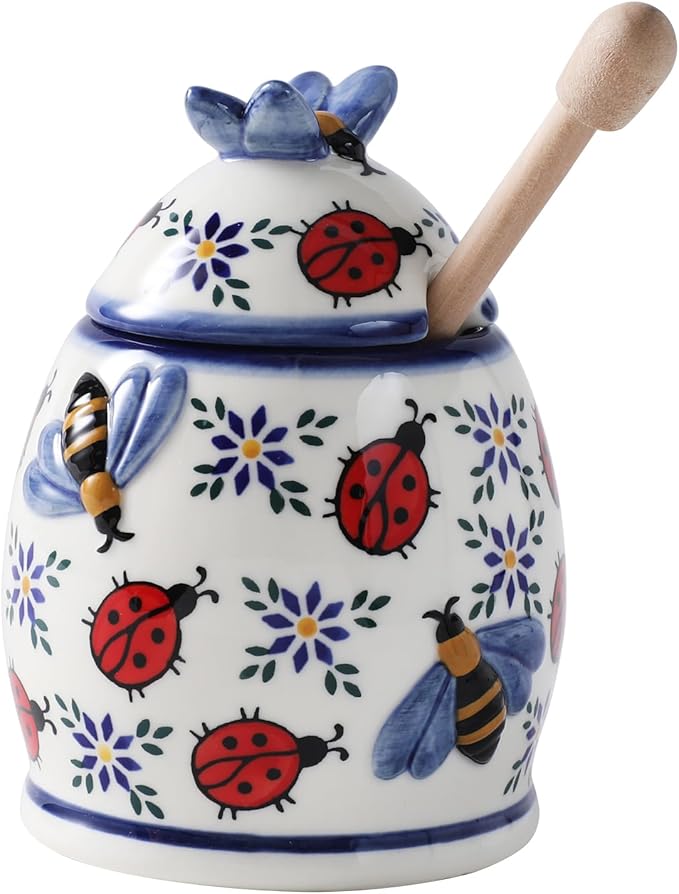 ZOOBEE Ceramic Honey Jar with Dipper and Lid,10oz Honey Pot with Embossed Bees, Handpainted Honey Container for Home Kitchen Decor, Dishwasher Safe- Summernight Ladybug