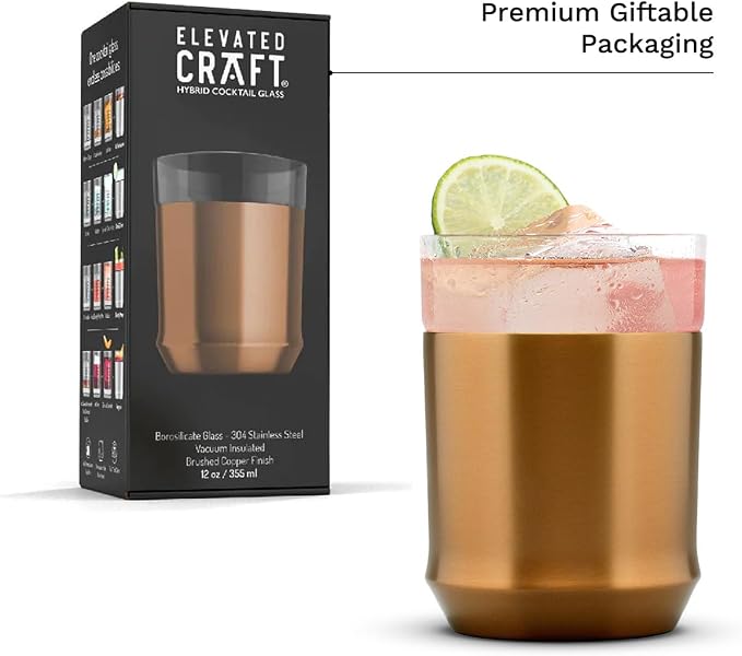Elevated Craft Hybrid Rocks Glass Premium Vacuum Insulated Steel Base with Removable Insert - 12oz Cocktail Glass, Double Old Fashioned Lowball for Margaritas, Bourbon, Whiskey - Copper
