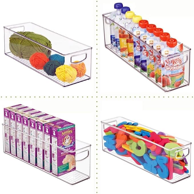 mDesign Small Plastic Nursery Storage Container Bins with Handles for Organization in Cabinet, Closet or Cubby Shelves - Organizer for Baby Food, Bibs, Formula - Ligne Collection - 4 Pack - Clear