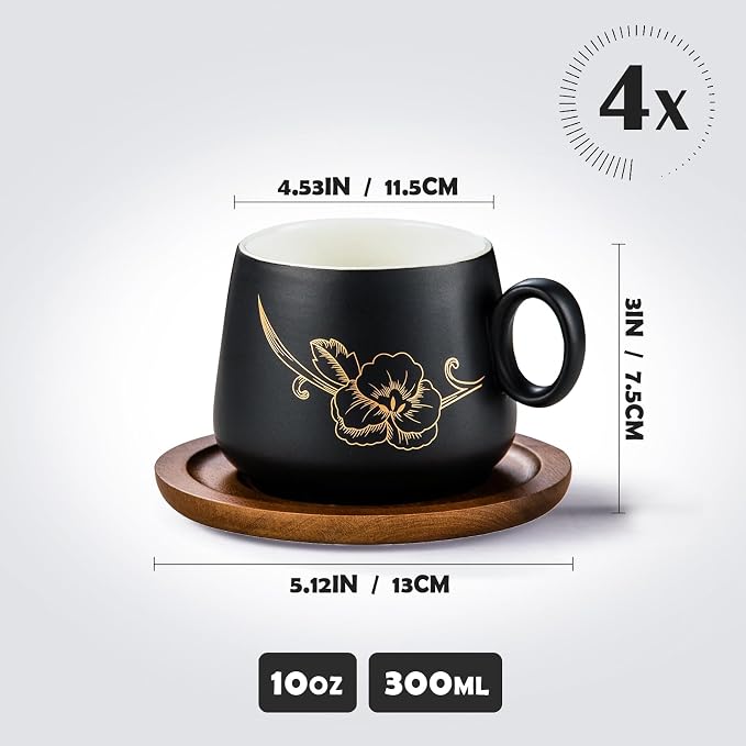 Yundu 10oz Cappuccino Cups & Wooden Saucers Set with Gold Floral Art, Latte Art Cup for Espresso, Coffee & Tea, Modern Matte Black Ceramic Tea Cup Set of 4