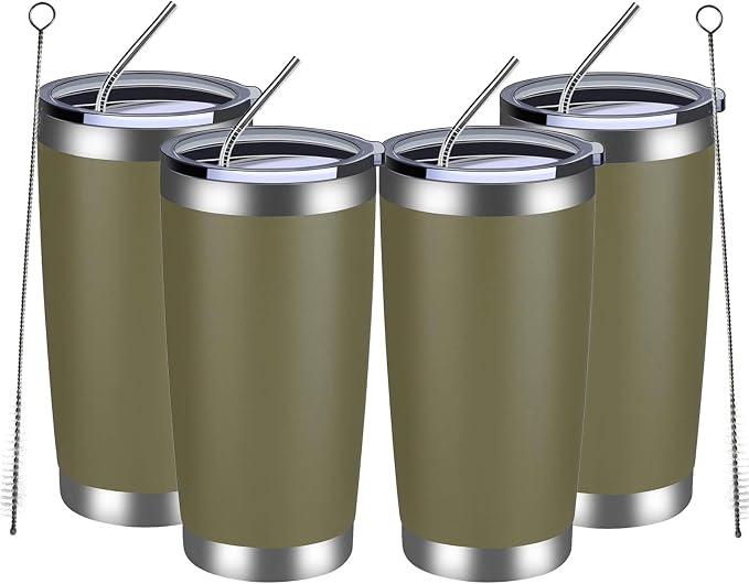 MEWAY 20oz Tumbler 4 Pack Double Wall Vacuum Insulated Travel Mug Bulk, Stainless Steel Tumblers with Lid and Straw, Durable Powder Coated Coffee Cups for Cold & Hot Drinks (Army Green, 4)