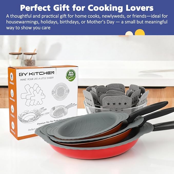 BYKITCHEN 3PCS Silicone Pan Protectors with 6PCS Felt Pan Pot Separators Dividers Pads for Stacking and Protecting Your Cookware, Compatible with Hexclad Cookware Set, Tfal Nonstick Frying Pans &More