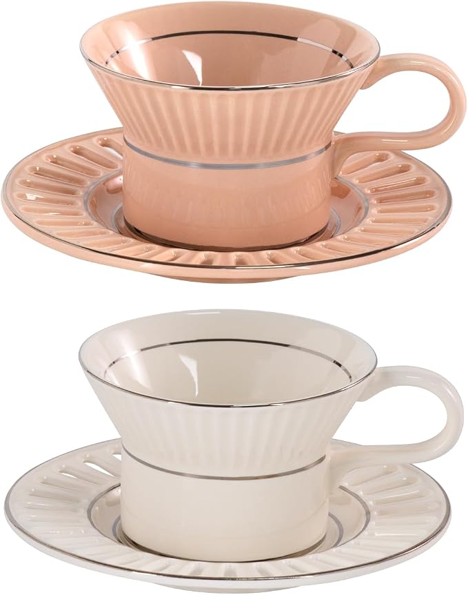 KAMMAK Tea Cups and Saucers Set of 2, 6.7oz Porcelain Coffee Cups with Saucers, Ceramic Espresso Mugs for Coffee, Latte, Americano, Tea, Unique Teacup and Saucer (YFH8+9)