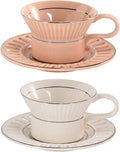 KAMMAK Tea Cups and Saucers Set of 2, 6.7oz Porcelain Coffee Cups with Saucers, Ceramic Espresso Mugs for Coffee, Latte, Americano, Tea, Unique Teacup and Saucer (YFH8+9)
