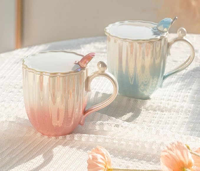 Pearl Ceramic Coffee Mug for Tea Latte Milk Cute Love Shape Cup for Home Office Women Gift 6.5 oz (Shell Pink, 420 ml)