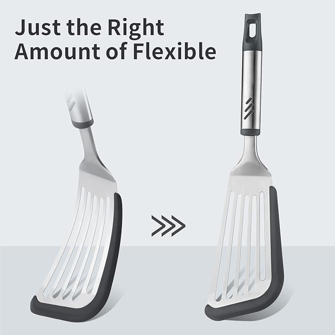 12.6" Stainless Steel Slotted Fish Spatula with Silicone Edge for Non-Stick Pan, 7.67 Inch Silicone Basting Pastry Brush For Baking, Dishwasher Safe