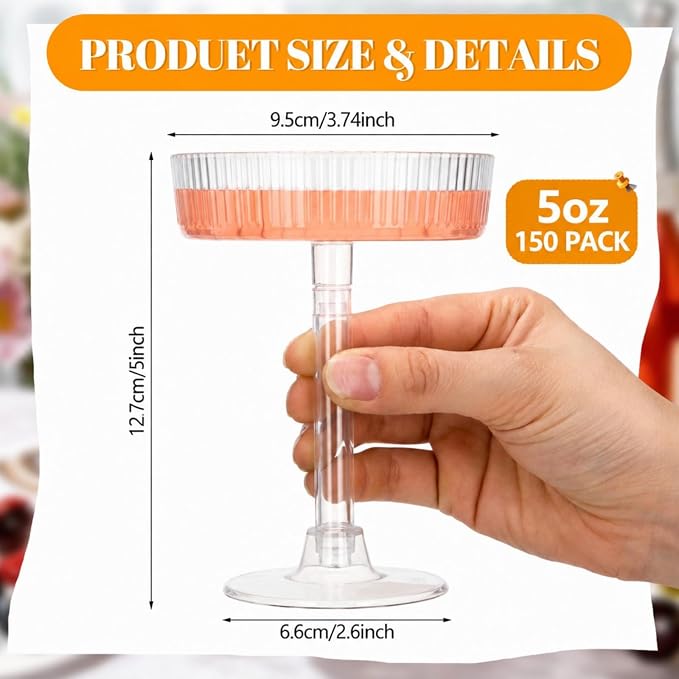 150 Pcs Ribbed Martini Glasses 5 oz Disposable Plastic Vintage Ribbed Coupe Glasses Cocktail Unbreakable Dessert Parfait Glassware for Wedding Party Supplies (Clear)