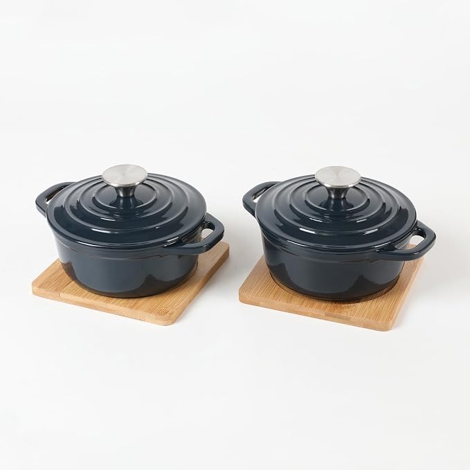 HAWOK Enameled Cast Iron Mini Dutch Oven, Dia5.51inch, 23oz, Set of 2, Navy blue