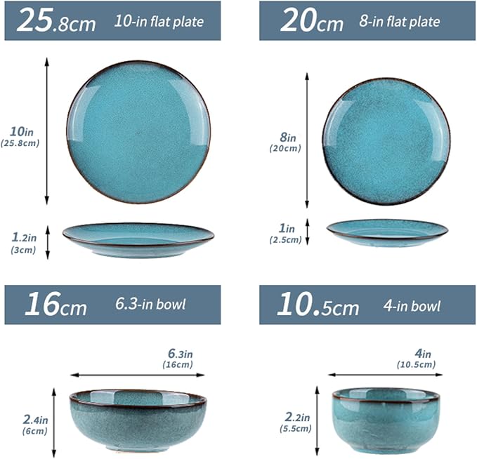 16 Piece Dinnerware Sets for 4， Scratch Resistant,microwave oven and Dishwasher Safe Plates and Bowls Sets Ceramic, Dish Set, Bowl and Plate Set -Kiln turned sea blue