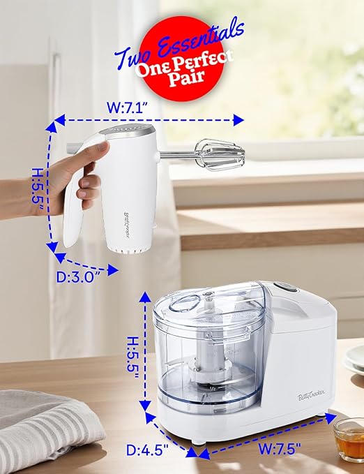 Betty Crocker 2-Piece Kitchen Appliances Combo: 5-Speed Hand Mixer with Food & Vegetable Chopper, 150W Mixer, Chrome Beater & Whisk Attachments, 100W Food Processor with Plastic Bowl, BC-7222W, White