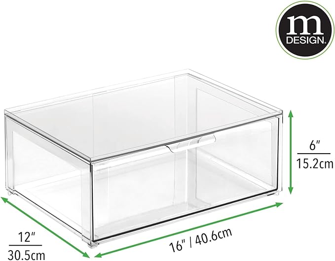 mDesign Plastic Stackable Bathroom Storage Organizer Bin Containers with Front Pull Drawer for Bathroom Countertop, Vanity, Closet Shelves - Holder for Beauty Accessories - Lumiere Collection - Clear