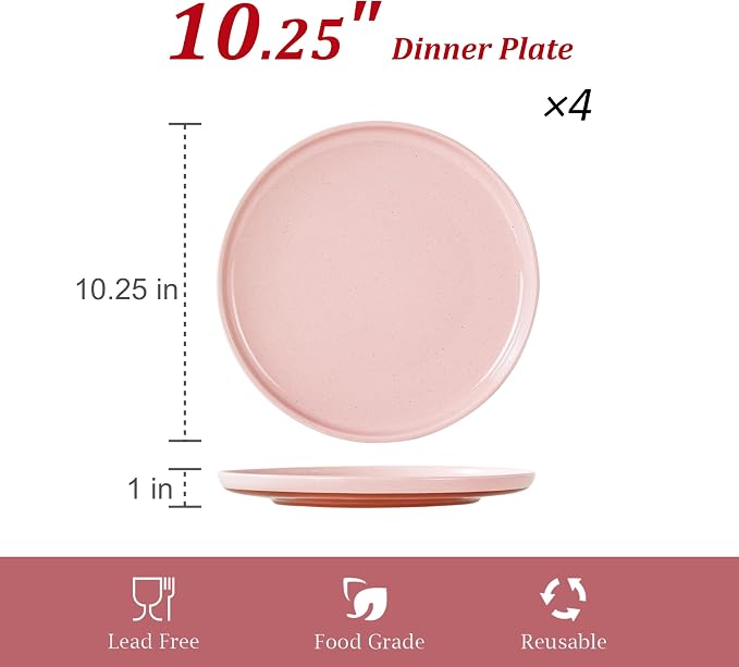 Ceramic Dinner Plates, 10.25 Inch, Set for 4, Elegant Pink | Flat Dish Design, Microwave & Dishwasher Safe, Perfect for Family and Entertaining, For Steak, Sandwiches, Pizza, Pasta