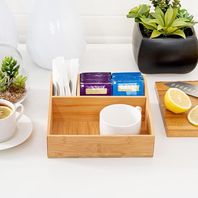 Restaurantware-8.3 x 8.3 x 2 Inch Coffee Condiment Organizer, 1 Square Creamer Organizer - 3 Compartments, Break-Resistant, Bamboo Coffee Accessory Caddy, Won't Chip, For Sugar Packets And Creamers